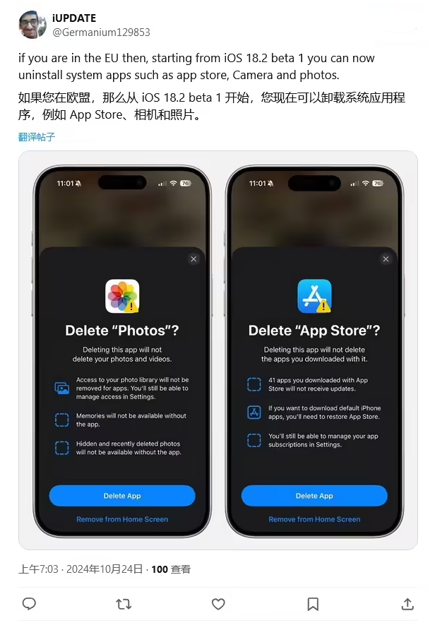 白塔苹果手机维修分享iOS 18.2 支持删除 App Store 应用商店 